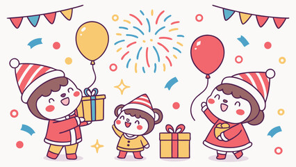 Cute christmas party celebration with kids gifts balloons and confetti vector illustration design graphic 100
