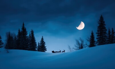 Santa Claus and his reindeer are traveling across a snow covered landscape at night under a crescent moon, creating a magical Christmas scene