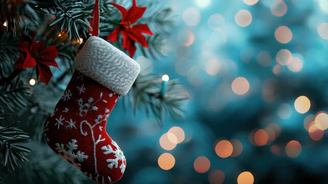 Decorative Christmas stocking with snowflakes hanging on a tree surrounded by festive lights and baubles.