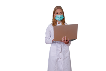 Female doctor wearing a medical mask and white lab coat, holding a laptop, working in healthcare online, transparent background