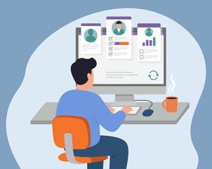 Man Reviewing Candidate Profiles and Performance Metrics on Computer in Flat Vector Style, Candidate Evaluation, Performance Analytics, Remote Work Setup, Digital Recruitment, Productivity Tools