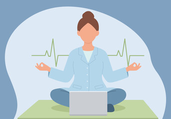 Meditating Doctor Balancing Work and Wellness in Flat Vector Style, Mindfulness in Healthcare, Work-Life Balance, Digital Meditation, Stress Relief for Professionals, Holistic Medical Practice