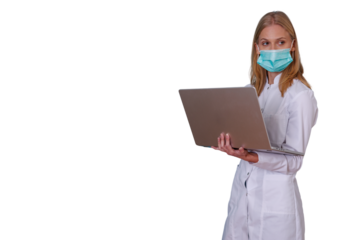Female medical professional in lab coat wearing a face mask, holding a laptop, standing with transparent background