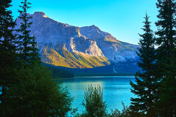 Emerald Lake Tranquil Water and Majestic Mountain Landscape with Evergreen Forest