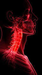 Red-highlighted neck anatomy side view showing vertebrae and inflamed area.