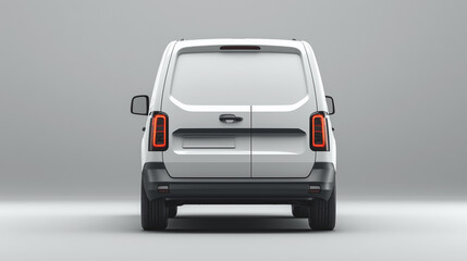 Rear view of white commercial cargo van isolated on plain studio background.