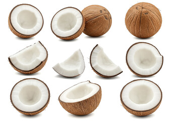 Collection of coconut pieces, halves, and whole fruits on a white background, tropical food ingredient for culinary and beauty applications