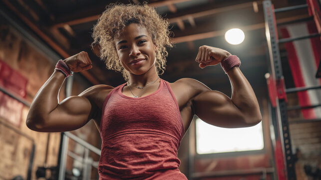 Determined female athlete flexing biceps in gym, showcasing strength and confidence.