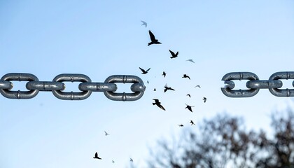Symbolic abstract art of chain links becoming birds freedom from oppression theme