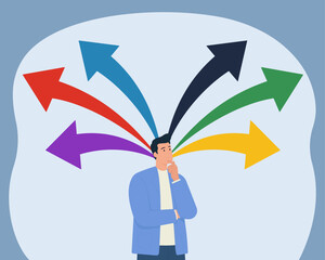 Man Pondering Choices: Colorful Arrows Emerge from Head in Flat Vector Style, Decision Making, Multiple Options, Creative Thinking, Uncertainty Dilemma, Path Selection