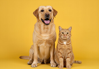 Harmony in Companionship: A Golden Retriever and a Ginger Cat Pose Together Against Yellow Backdrop
