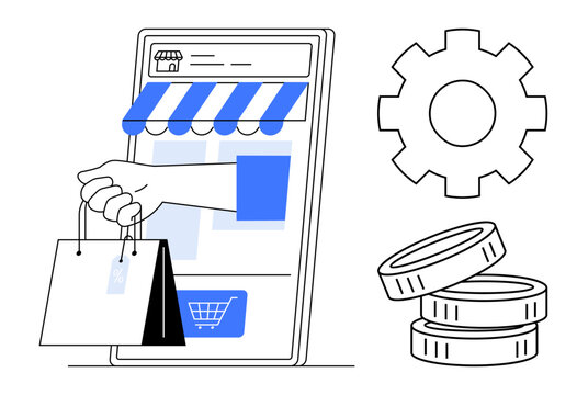 Smartphone displaying an online shopping store. Hand holding shopping bags, coins, and gear. Ideal for e-commerce, online retail, business, shopping apps, payment systems digital sales automation