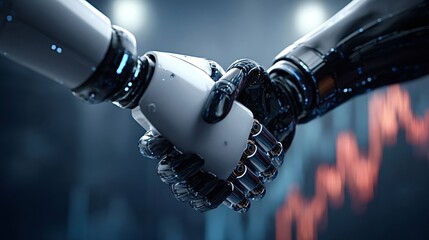 Two robotic hands shaking, representing artificial intelligence and human machine interaction in business, technology, and futuristic concepts, with a stock market graph visible in the background