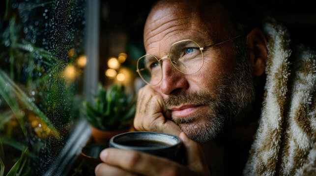 A man is sitting in a room with a cup of coffee in front of him - Powered by Adobe