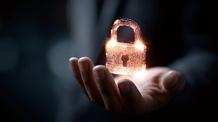 Human hand presenting a glowing digital padlock, symbolizing strong security, data privacy, and encryption in a technology driven environment, ensuring digital information protection