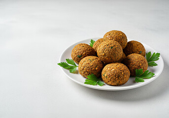 Appetizing falafel balls served on a white plate with fresh parsley, perfect for a Mediterranean cuisine presentation.