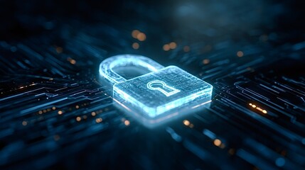 Digital padlock symbolizing cybersecurity, data protection and network privacy, integrating into a complex blue electronic circuit board with glowing lines and abstract bokeh lights