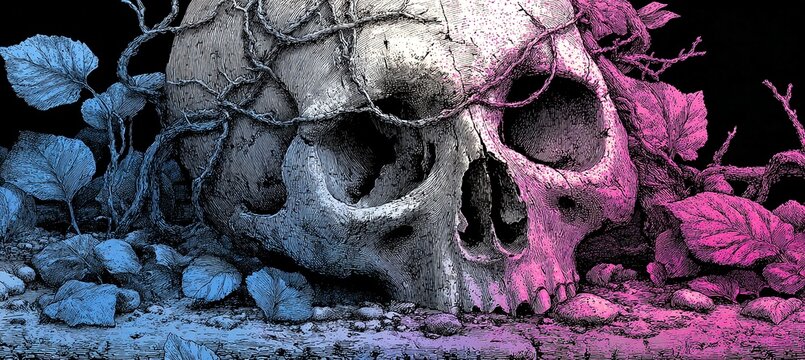 a unique, artistic depiction of a skull surrounded by colorful leaves.