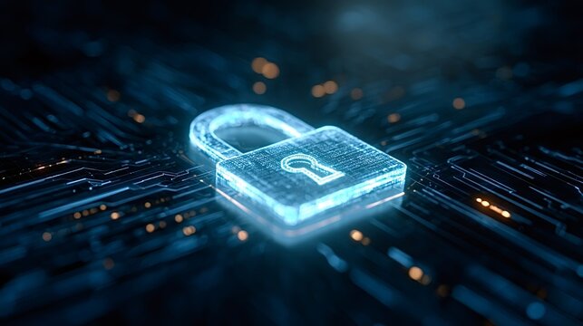 Digital padlock symbolizing cybersecurity, data protection and network privacy, integrating into a complex blue electronic circuit board with glowing lines and abstract bokeh lights