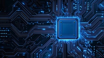 Central processing unit integrating into a blue glowing circuit board, representing advanced technology, artificial intelligence, data processing, and digital communication networks