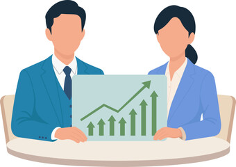 Business Team Presenting Upward Growth Chart in Flat Vector Illustration, Business Growth, Team Collaboration, Data Presentation, Success Metrics, Trend Analysis