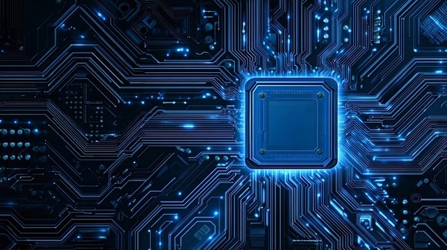 Central processing unit integrating into a blue glowing circuit board, representing advanced technology, artificial intelligence, data processing, and digital communication networks
