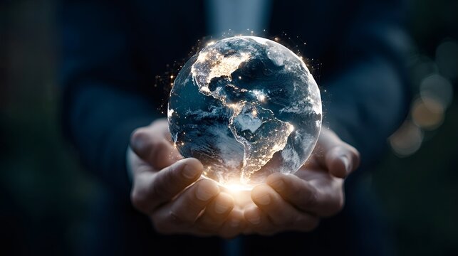 Hands cradling a glowing digital globe with lit cities and network lines, symbolizing global communication, tech innovation, sustainability, and interconnected future development - Powered by Adobe