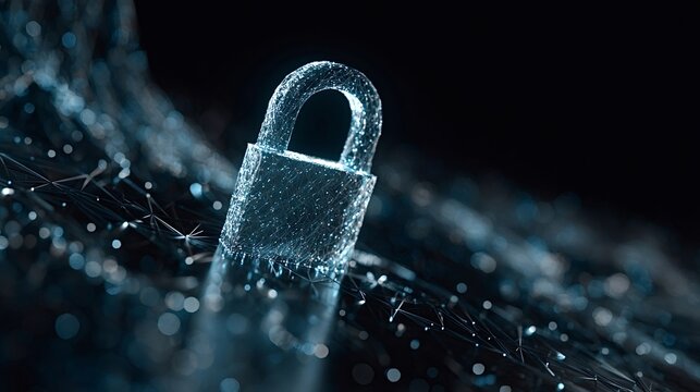 Cyber security padlock representing data protection, encryption, and safe digital privacy within an abstract technological network against a dark background, ensuring secure information