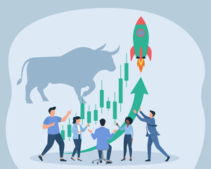 Bull Market Team Rocket Launch: Diverse business group collaborates on surging stock charts with bull silhouette and upward rocket in flat vector style, Bull Market Surge, Financial Growth Chart