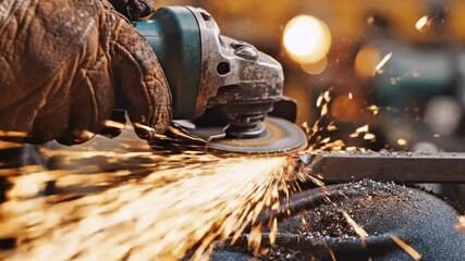 Close-up of a gloved hand using an angle grinder on metal, creating sparks