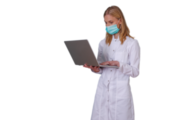 Female doctor or medical professional with face mask using a laptop, teleconsultation and telemedicine concept, transparent background