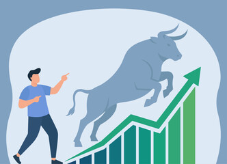 Bull Market Success: Man Pointing to Leaping Bull on Rising Green Chart, Bull Market, Financial Growth, Investment Success, Stock Rise, Economic Optimism