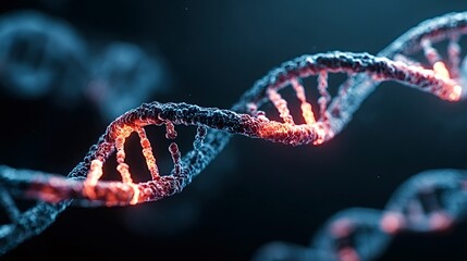 Dna helix structure illuminated with a vibrant glow, representing genetics, biology, research, and scientific discovery in a technological and medical context