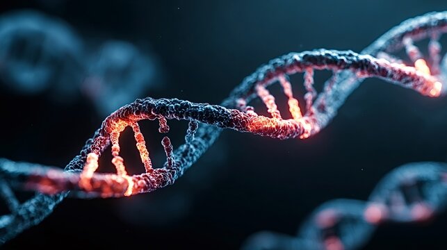 Dna helix structure illuminated with a vibrant glow, representing genetics, biology, research, and scientific discovery in a technological and medical context