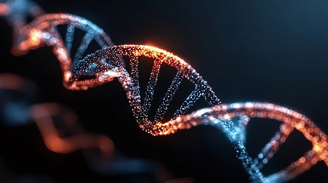 Intricate glowing dna helix structure formed by numerous particles, symbolizing advancements in genetics, biotechnology, and personalized medicine against a dark, abstract background