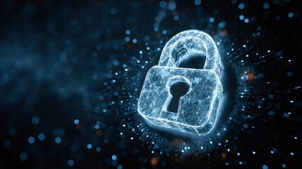 Padlock hologram forming from glowing particles on a dark blue background, symbolizing cybersecurity, privacy protection, and secure data access in a digital technology environment