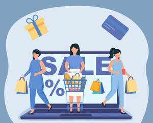 Women Shopping Online During a Massive Sale Promotion, Online Shopping, E-commerce Sale, Digital Retail Experience, Consumer Purchasing, Virtual Discounts