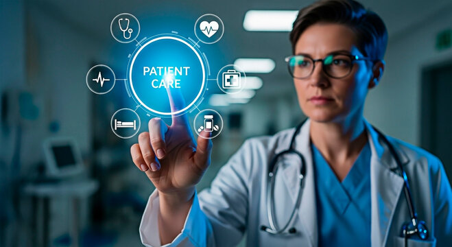 Female doctor interacting with Patient Care interface, symbolizing modern medicine and healthcare innovation.