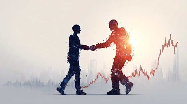 Ai robot and human figures shaking hands. Symbolizing future business collaboration. Digital partnership. And technological integration against a backdrop of financial growth charts and a city skyline