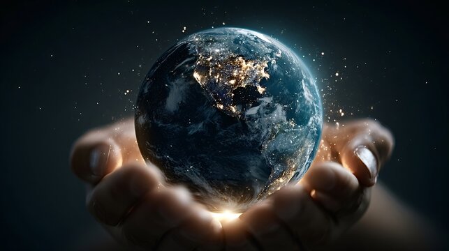 Human hands cradling a luminous earth globe, showing north america and city lights at night, symbolizing protection, global care, and responsibility for the future - Powered by Adobe