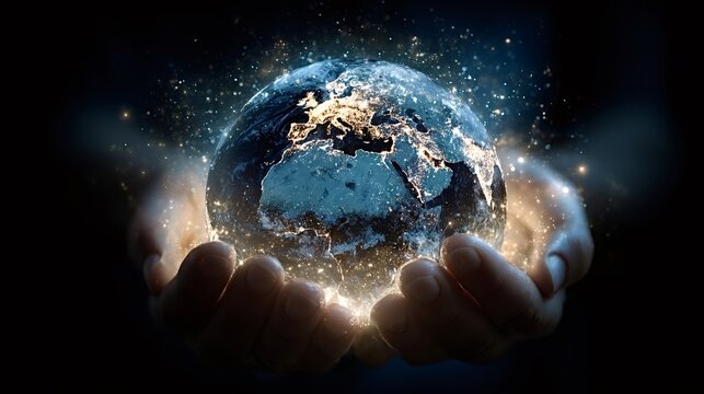 Human hands gently cradling a glowing earth, depicting concepts of environmental protection, global responsibility, sustainable future, and interconnectedness against a dark, cosmic background