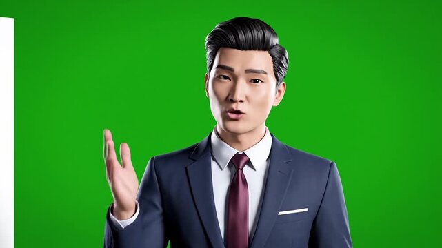A 3D rendered young Asian businessman gesturing on a green screen background, wearing a blue suit. Perfect for presentations, explainer videos, or corporate animations.
