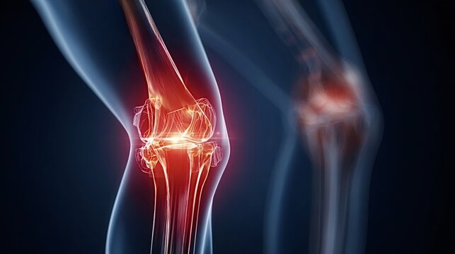 Human leg x ray displaying anatomical bones of the knee joint with glowing red highlights representing pain, injury, or degenerative disease such as arthritis and inflammation