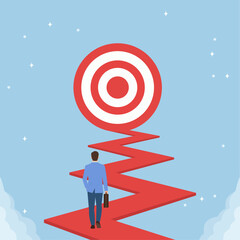 Path to Success: Businessman Climbing Zigzag Red Path Toward Bullseye Target in Starry Sky, Ambition, Goal Achievement, Career Progression, Determination, Strategic Journey