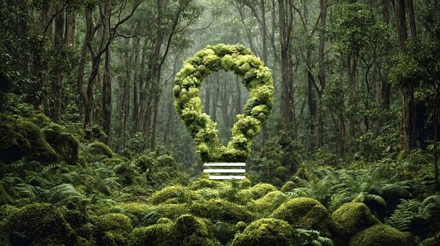 Lightbulb shape formed by lush green foliage and moss sits in a vibrant forest, symbolizing sustainable energy, environmental innovation, and eco friendly solutions for nature conservation