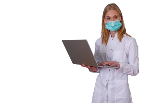 Medical professional wearing face mask using laptop, researching healthcare data, telemedicine, transparent background