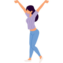 A woman with dark hair wearing a lavender striped shirt and light blue pants raises her arms in celebration with a wide smile and closed eyes against a white background