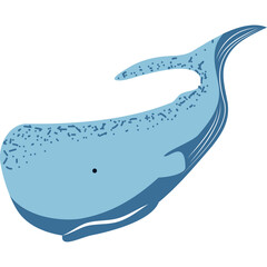 A Whimsical Light Blue Whale Illustration With Speckled Detail and Dark Blue Accents Against a Transparent Background