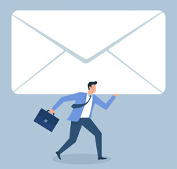 Businessman Rushing with Briefcase Toward Giant Envelope in Flat Vector Illustration, Urgent Business Delivery, Corporate Email Overload, Professional Haste, Communication Rush, Office Escape