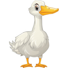 A white goose with an orange beak and feet stands facing forward on a transparent background its feathers are detailed and the goose has big brown eyes and a curious expression ideal for illustration